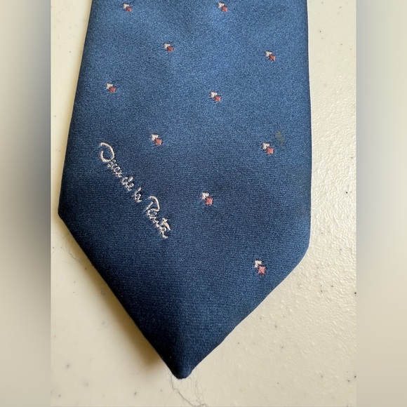 Oscar De La Renta Tie One Size Blue Neck Tie Vintage Pointed Embroidered - Picture 3 of 5